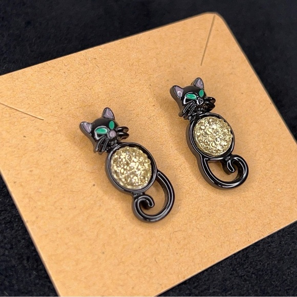 VINTAGE BLACK CAT EARRINGS GREEN EYES GOTH RETRO HALLOWEEN GEM - Picture 6 of 7